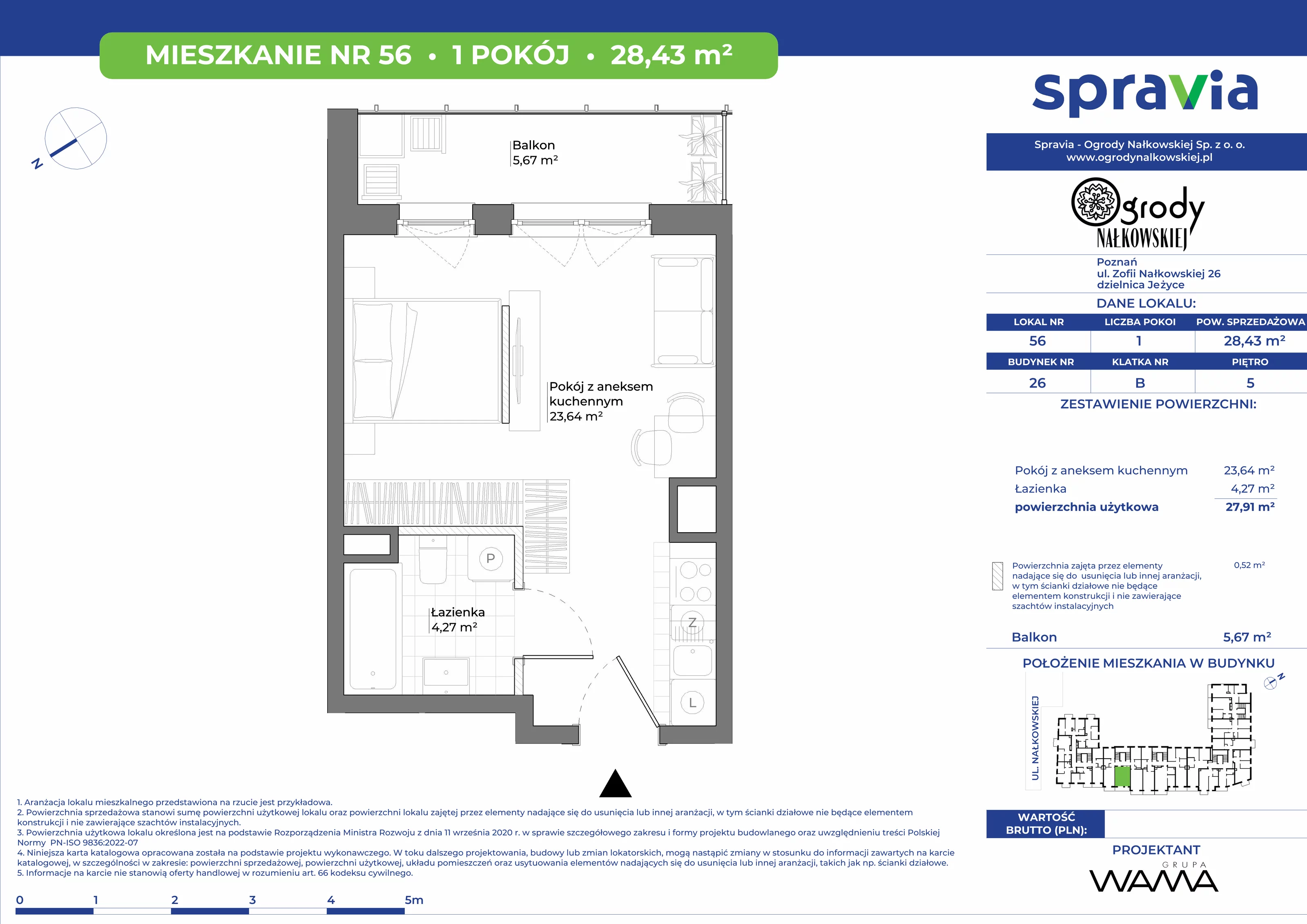 1 pokój, mieszkanie 28,43 m², piętro 5, oferta nr 26-56, Ogrody Nałkowskiej, Poznań, Ogrody, ul. Nałkowskiej 24, 26